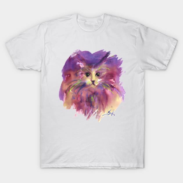 KITTY CAT PORTRAIT IN PURPLE Watercolor T-Shirt by BulganLumini